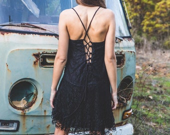 Elven Black Lace Dress: Backless Gothic Bohemian Festival Dress