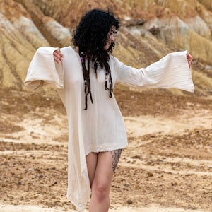 Beige tuniek onbewerkt natuurlijk katoen, asymmetrische katoenen tuniekjurk, oversized tuniek, tribaltuniek, puntige tuniek, Pixie Fairy Elven Boho