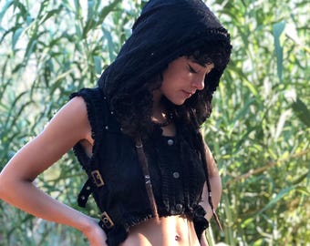 Kanten vest met capuchon: katoenen steampunk-bodywarmer voor Burning Man-festival