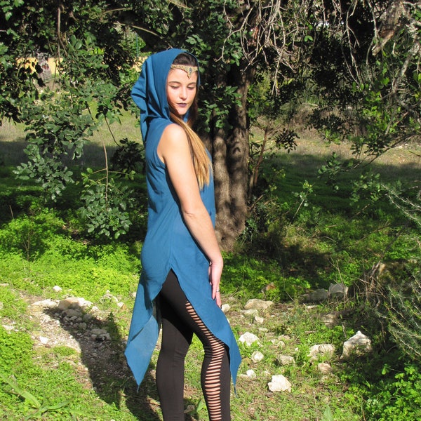 Fairy Pixie Blue Hoodie, Elven Tunic, Faerie Long Top, Faerie Clothing, Elfic Dress, Pixie Hoodie, Hood Top, Festival Clothing, Elf Top
