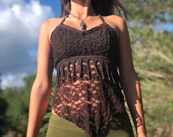 Lace Fringe Halter Top, Boho Festival Style
