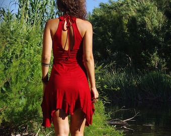 Fairy Red Pointy Pixie Dress, Elven Dress, Festival Dress, Steampunk Dress, Boho Dress, Faerie Dress, Burning Man Clothing, Ethnic Dress