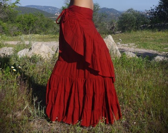 Falda larga roja flamenca, falda élfica, falda de baile, falda de hadas, falda gitana, falda nómada, falda burlesca, falda maxi boho