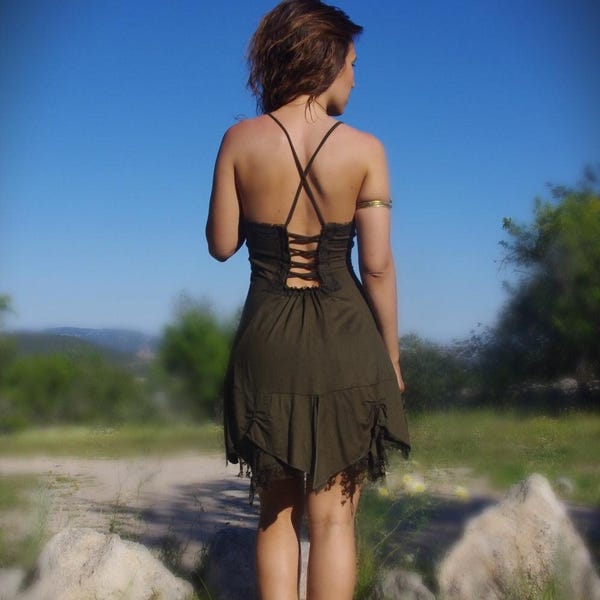 Green Viscose Festival Dress: Steampunk Lace-Trimmed Faerie Dress