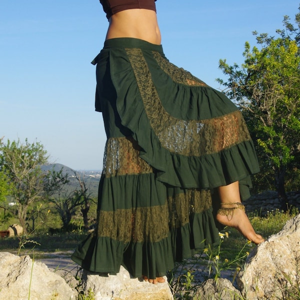 Flamenco Green Long Skirt, Maxi Skirt, Renaissance Skirt, Belly Dance Skirt, Festival Skirt, Burning Man Skirt, Burlesque Skirt, Gypsy Skirt