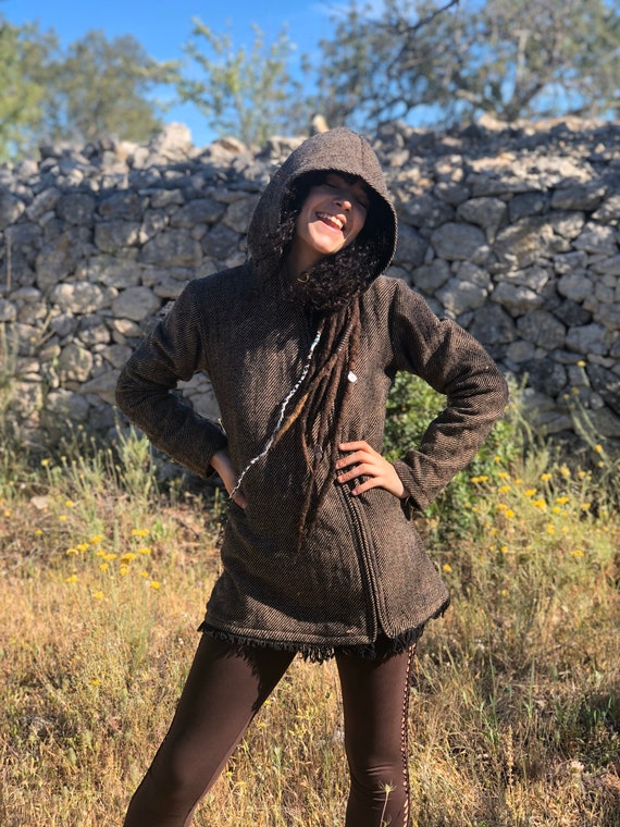 Brown Hooded Coat. Long Wrap Winter Coat. Medieval Fleece 