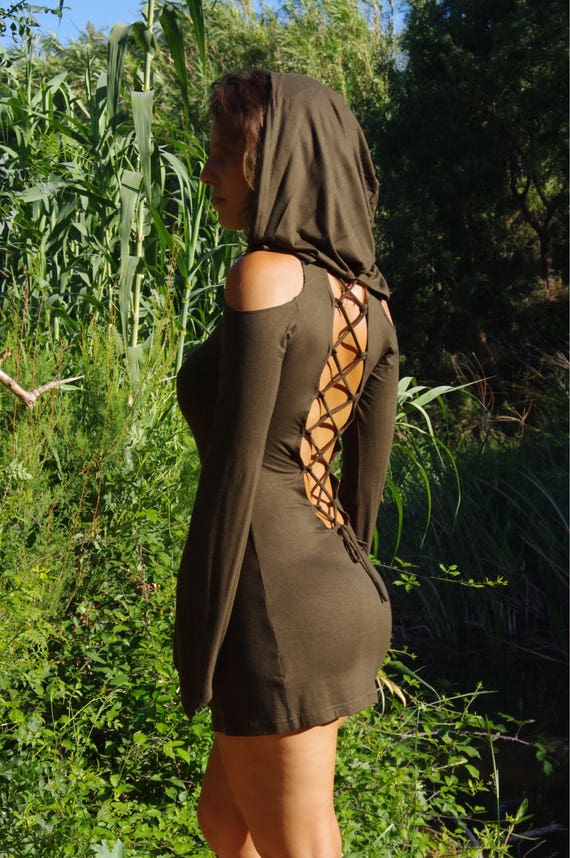 knee length dresses for ladies Organic Cotton Mustard Long Sleeve Hooded Mini Dress with Pockets – Sacred  Geometrix main image 0