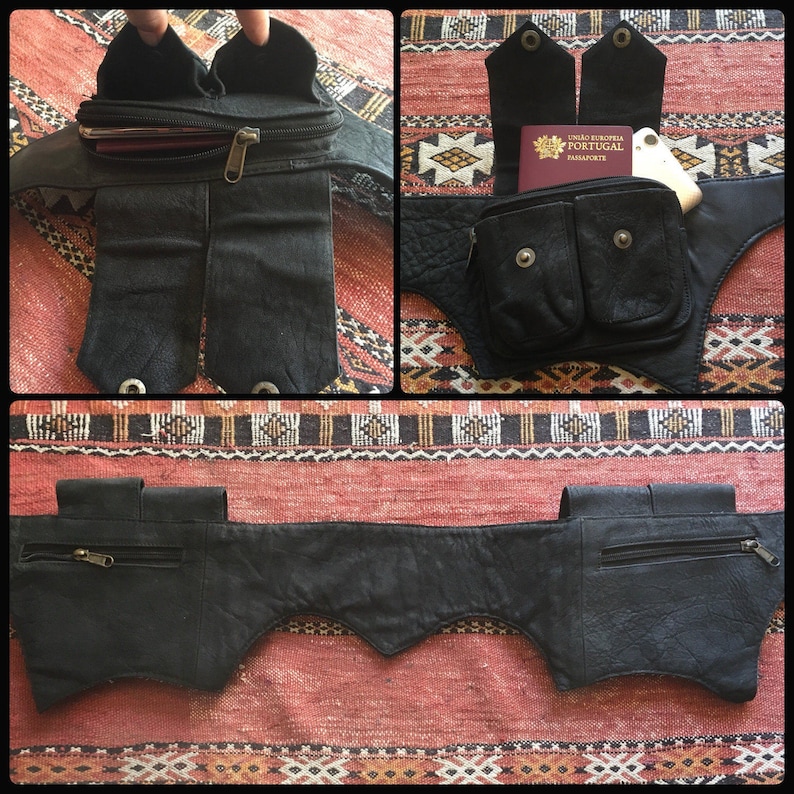 Pocket Belt Goa Black Utility Belt Waist Bag Nomad Tribal Ethnic Leather Hip Bag Steampunk Burning Man Hippie Festival