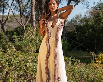 Earthy Raw Cotton Backless Dress: Tribal Hippie Festival Gown