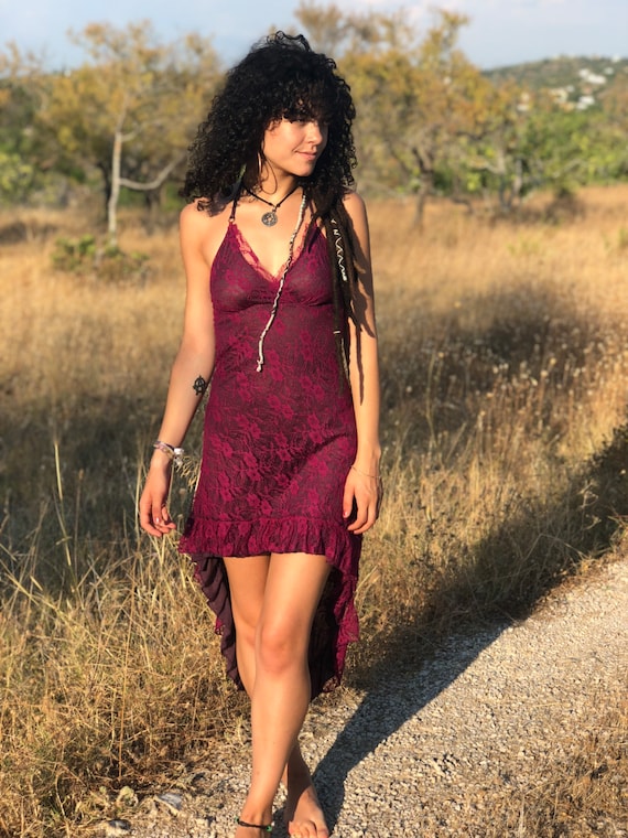 Plum Lace High-Low Dress: Criss-Cross Back, Festival Elven Style