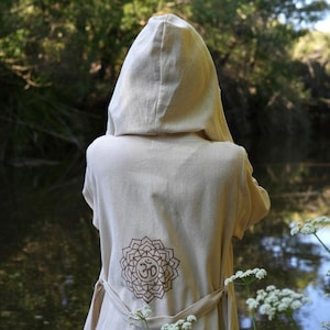 Boho Hooded Kimono – Raw Cotton Ritual Wear with OM Mandala, Ceremony Robe Cloak, Handmade Kimono, Ethical Clothing, Festival Wear, Elven