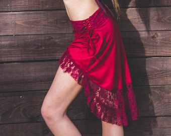 High Low Cotton Skirt, Lace Trim, Adjustable Waist, Bohemian Fairy Style