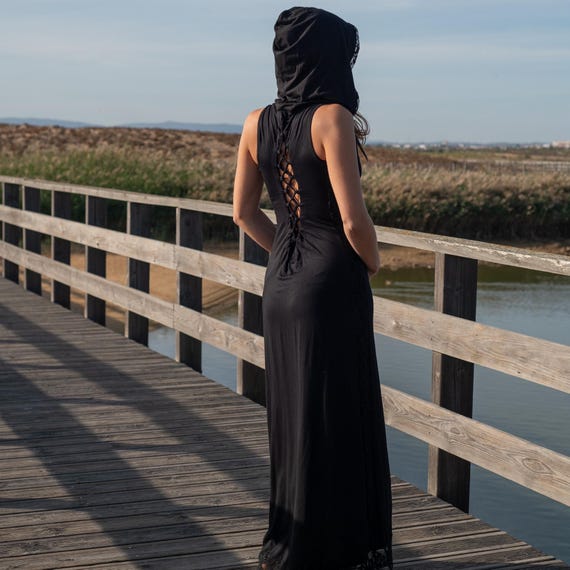 Hooded Maxi Dress - Sleeveless Viscose Lace Up & Lace Trim
