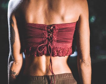 Lace Trim Boho Bandeau Top: Criss Cross Back Strapless Tube Top