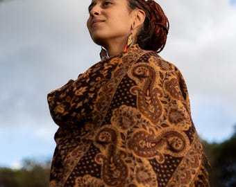 Boho Blanket Shawl – Paisley Vegan Wool Scarf, Cozy Winter Wrap