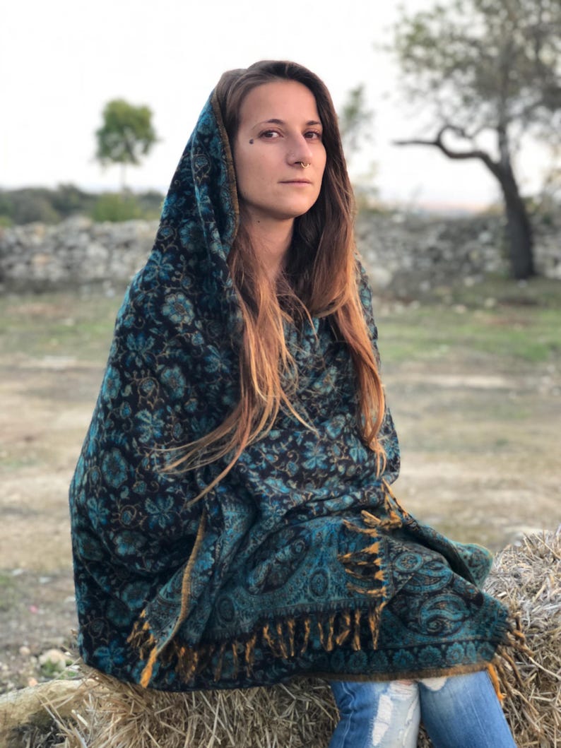 Paisley Blanket Shawl – Vegan Wool Boho Scarf, Cozy Festival Wrap, Warm Winter Shawl image 4