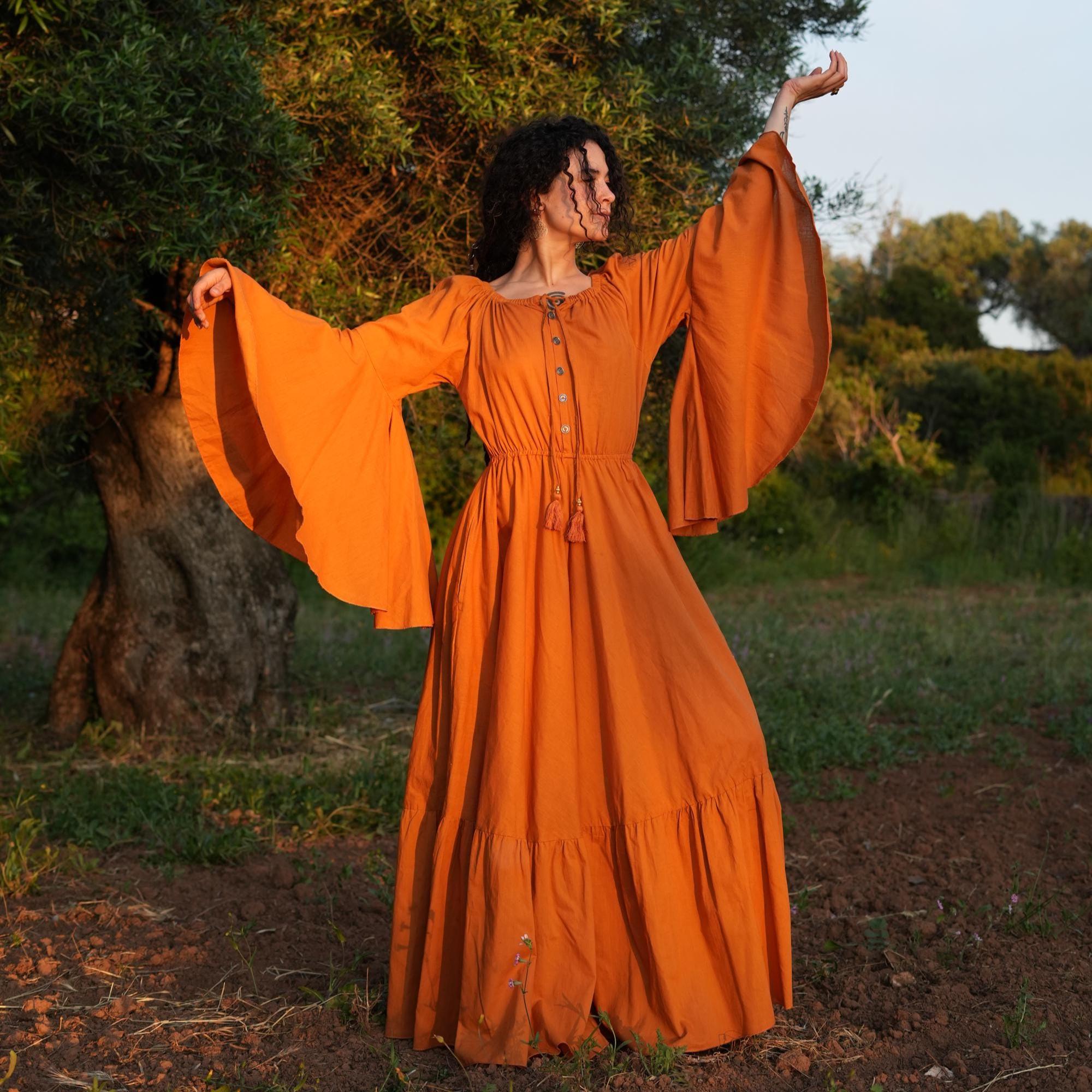 Handmade Renaissance Boho Maxi Dress: Cotton Bell Sleeve Fairycore Gown ...