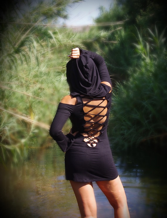 Gothic Hooded Mini Dress: Black Long Sleeve Steampunk Elven Faerie Clothing