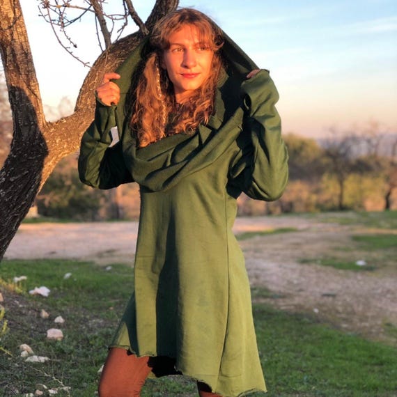 cotton cowl neck dress Cotton Cowl Neck Hood Dress: Bohemian Elven Style