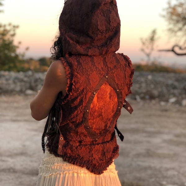 Lace Boho Vest with Side Buckles, Hoodie Vest, Bohemian Vest, Sleeveless Summer Vest, Gypsy Vest, Tribal Vest, Lace Hoodie Jacket