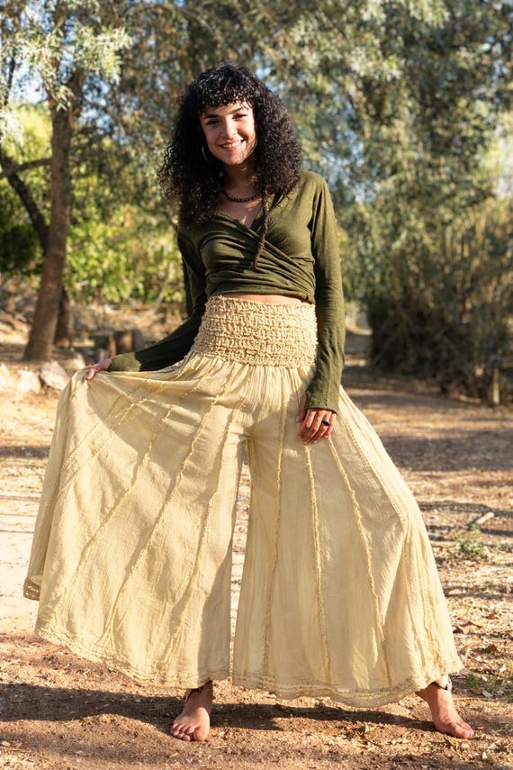 Cotton Palazzo Trousers – Smocked Waist Wide Leg Pants