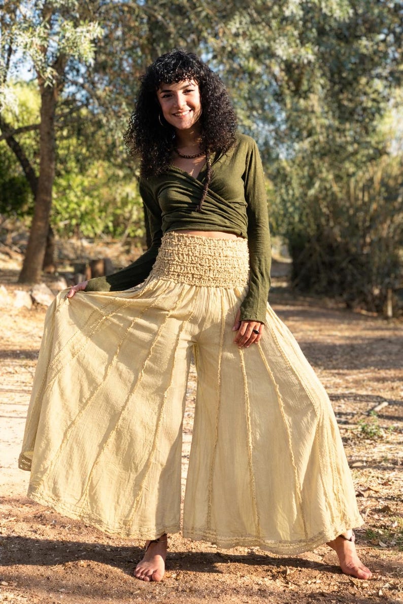 Cotton Palazzo Trousers – Smocked Waist Wide Leg Pants image 1