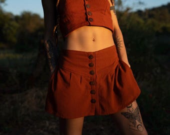 Cotton Mini Skirt – Coconut Button Front Skirt With Elastic Waist, Summer Outfit