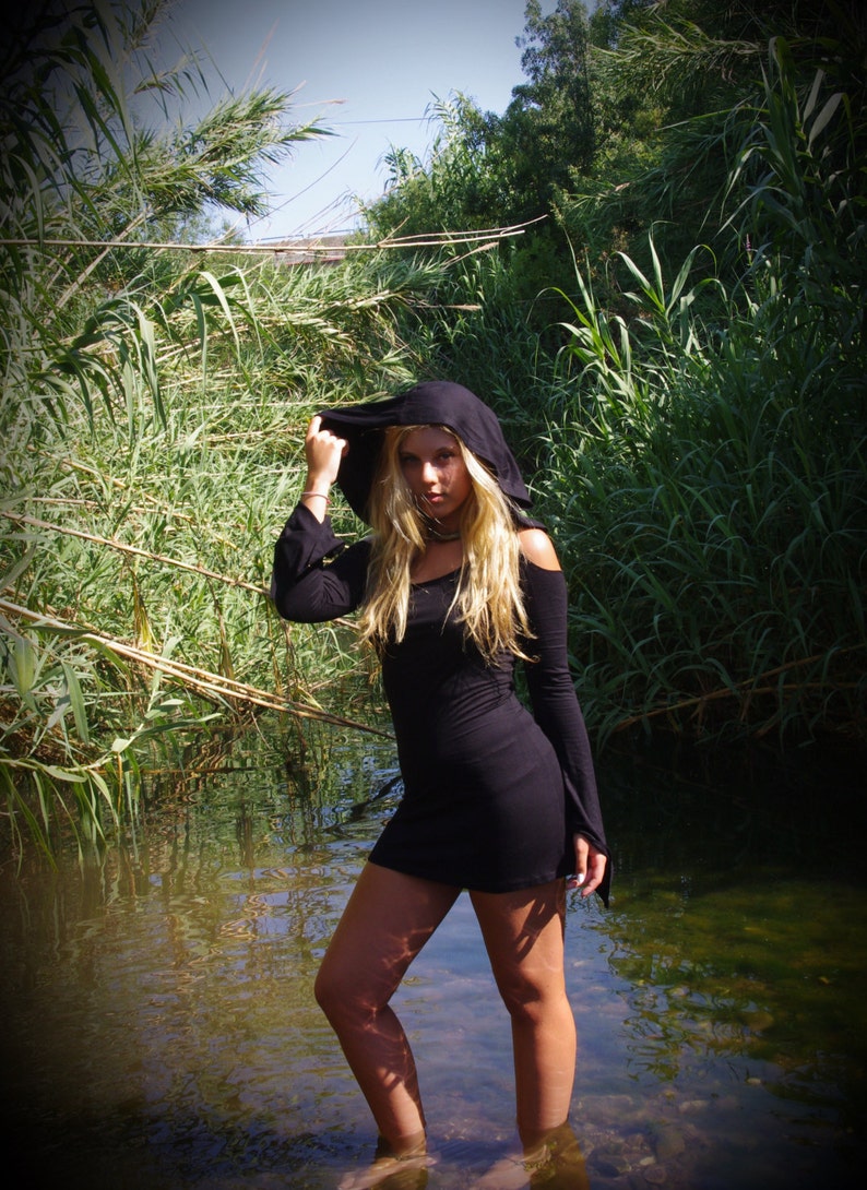 Gothic Black Hood Long Sleeve Mini Dress Steampunk Dress | Etsy