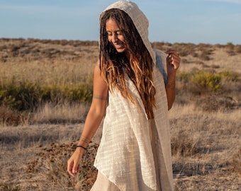 Asymmetric Hooded Vest – Earthy Fairycore Layering Vest With Large Hood, Boho Festival Clothing