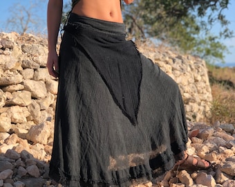 Raw Cotton Maxi Skirt, Layered Wrap, Boho Festival Clothing