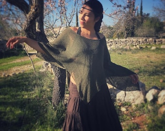 Boho Poncho Top – Lightweight Asymmetrical Open-Knit Pixie Top, Elven Fairy Clothing