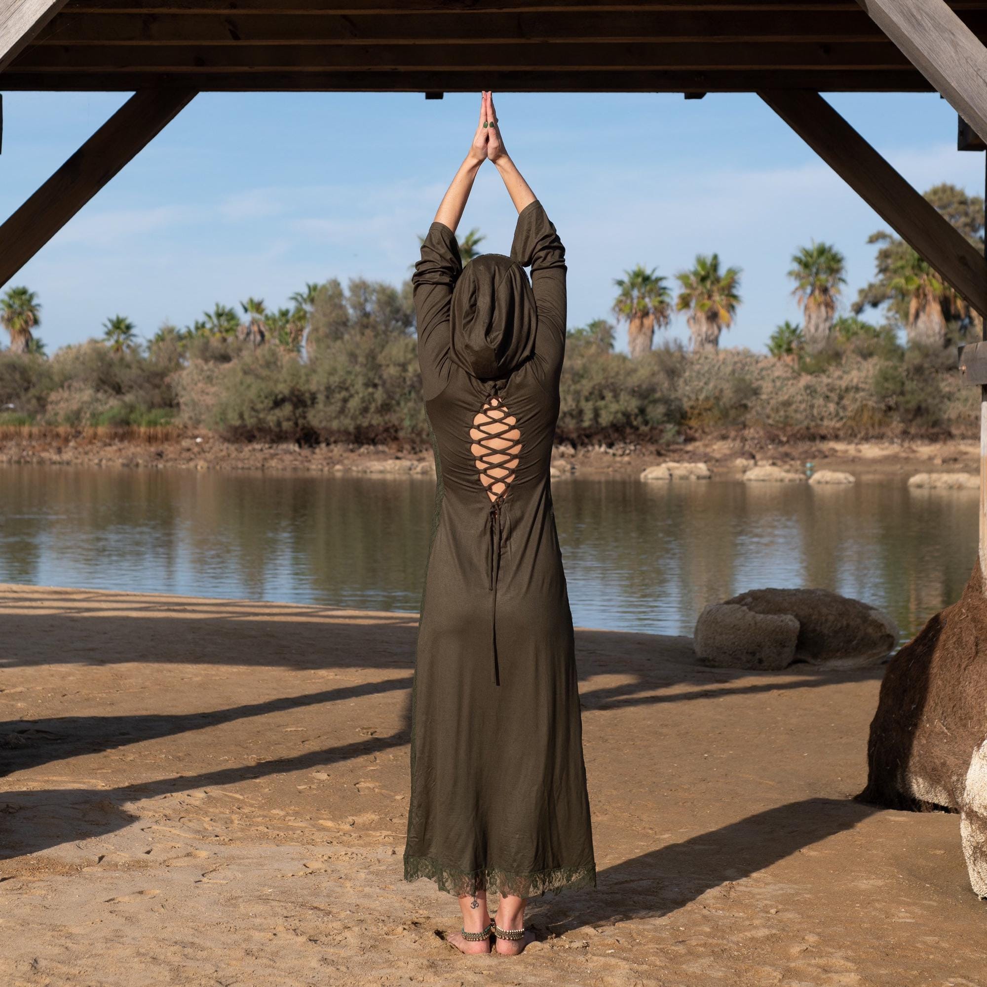 【elfelfelfarchives】LACE HOODIE DRESS Maxi Hood Dress, Backless Lace Dress, Elven Hoodie Dress