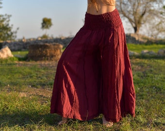 Pantaloni di cotone a gamba larga, pantaloni a vita alta, pantaloni a campana, pantaloni gonna, pantaloni da spiaggia, pantaloni Festival, pantaloni Boho Boho per le donne