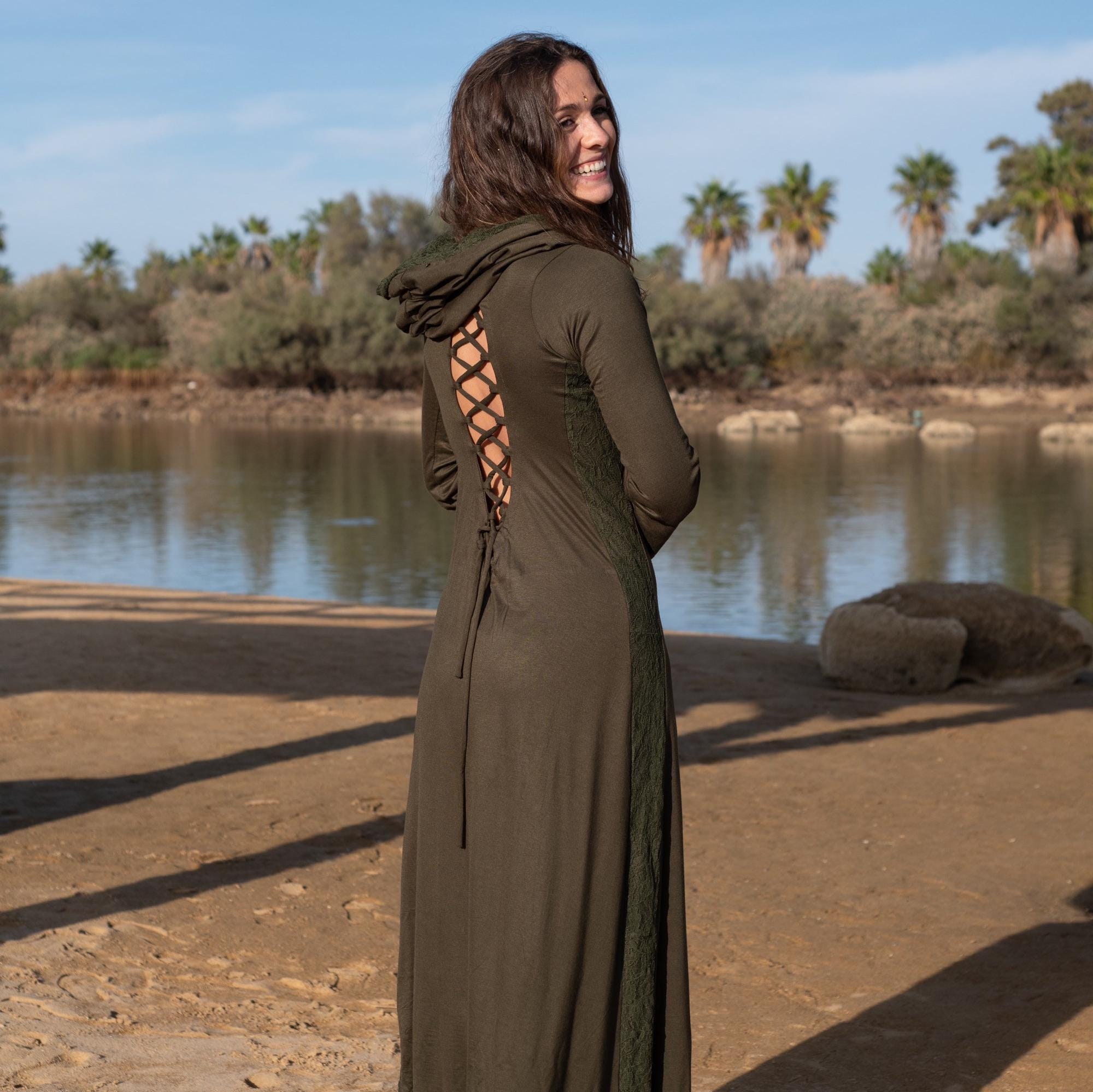 【elfelfelfarchives】LACE HOODIE DRESS Maxi Hood Dress, Backless Lace Dress, Elven Hoodie Dress