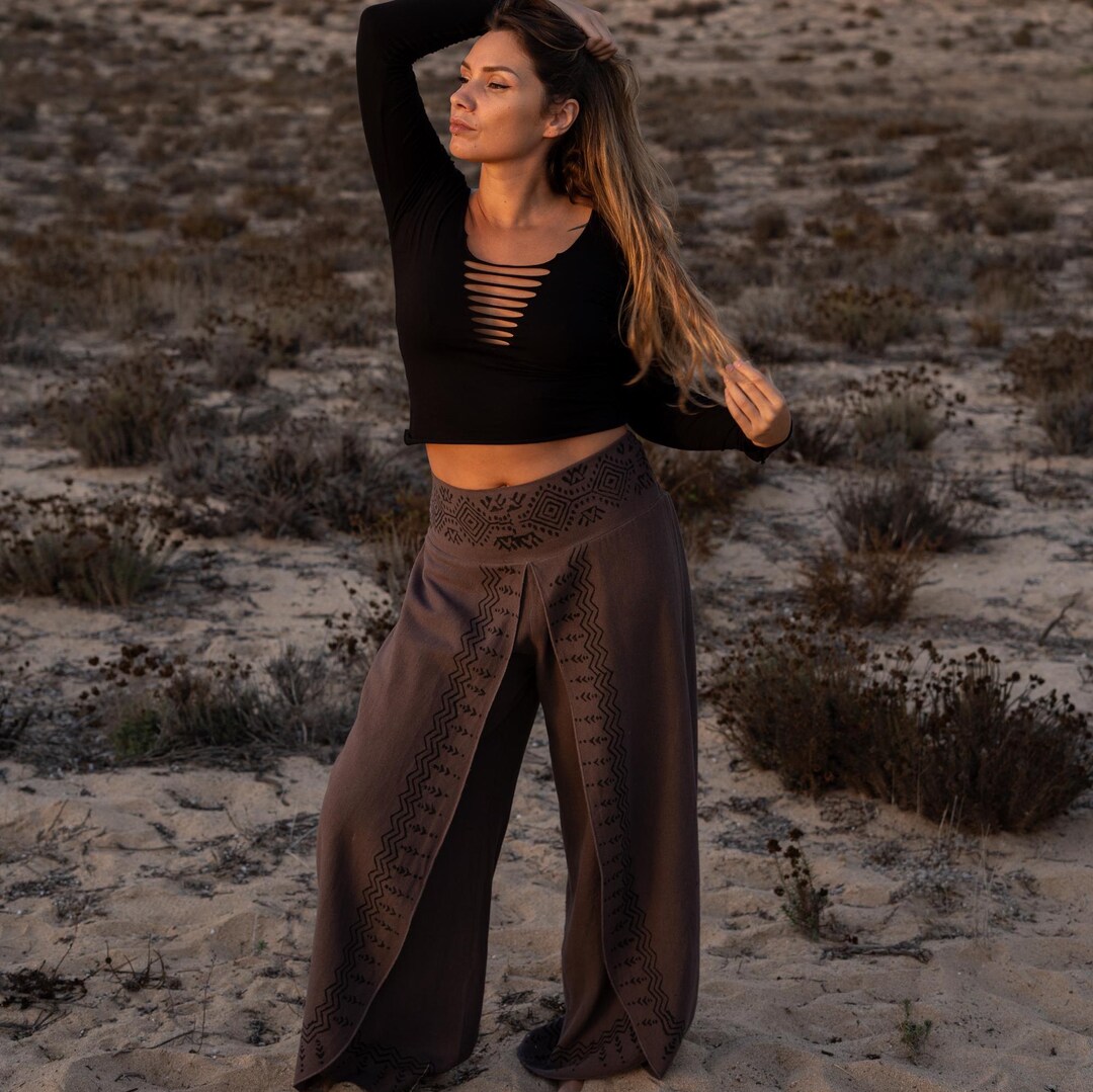 Women Boho Beach Pants, Cotton Festival Pants, Open Leg Trousers