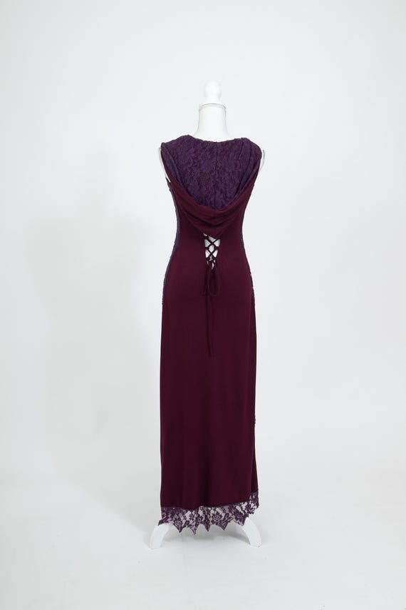 Hooded Maxi Dress - Sleeveless Viscose Lace Up & Lace Trim