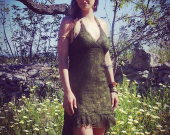 Green Lace High-Low Dress: Open Back Fairy Festival Gown
