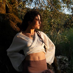 Boho Wrap Top – Rustic Cotton Tie Shirt With Flared Sleeves, Raw Edge Festival Blouse