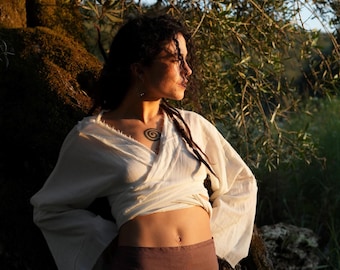 Haut cache-cœur bohème - Chemise cravate en coton rustique à manches évasées, chemisier festival à bords francs