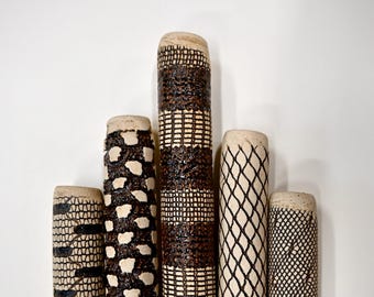 Hand Carved Ceramic Wall Pieces Set – Textured Cylinders, Unique Home Decor