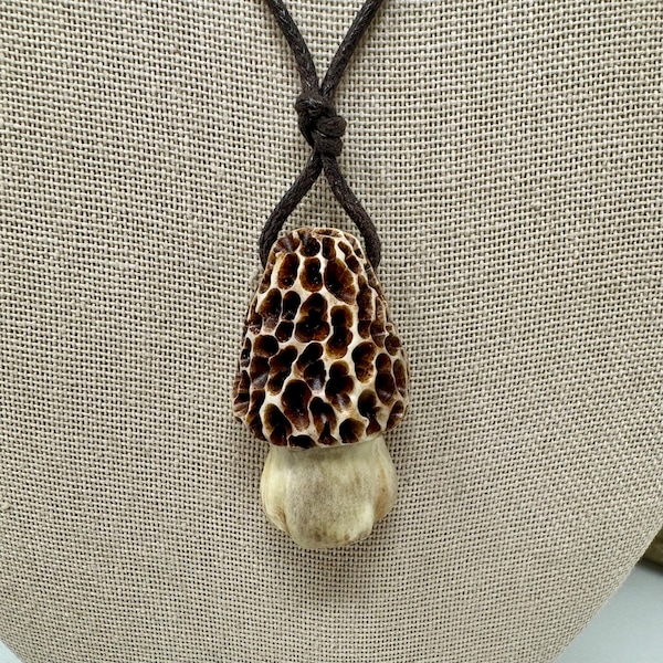 Morel Mushroom Carving, Whitetail Deer Antler, Necklace