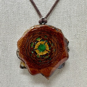 May include: A circular pendant featuring a cross-section of a pine cone with a glossy, resin-coated finish. The center displays vibrant green and yellow hues, surrounded by deep brown wood grain patterns, suspended from a dark brown cord.