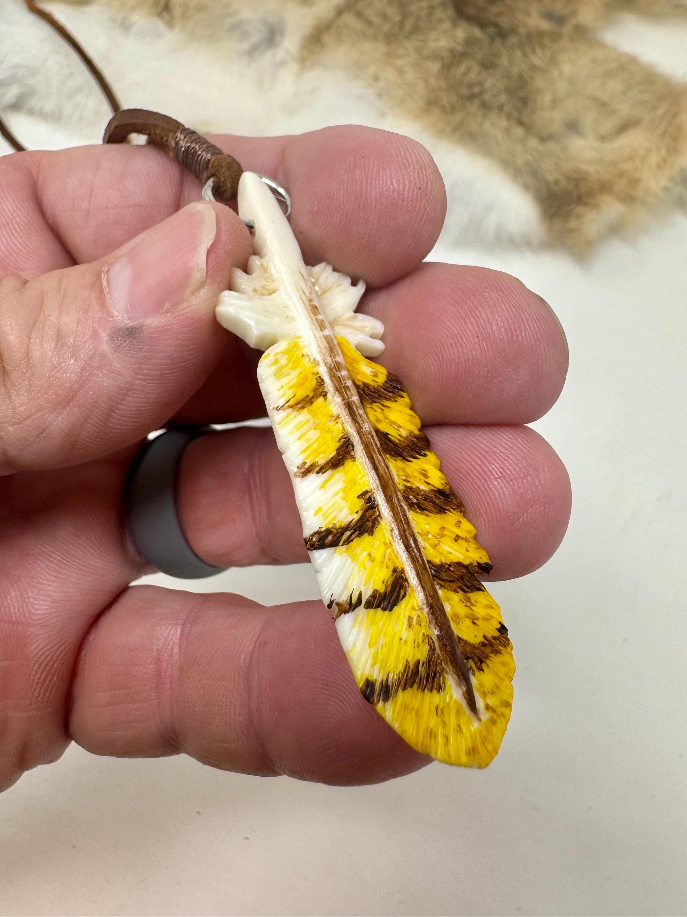 Hand Carved Great Horned Owl Feather Necklace | Cow Bone Pendant on Leather Cord | Native-Inspired W