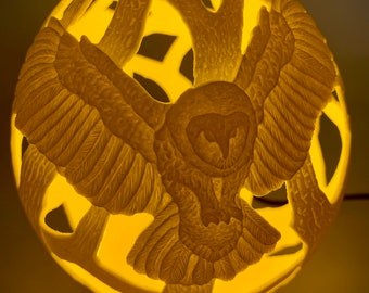 Carved Owl Themed Ostrich Egg on a Lighted Base
