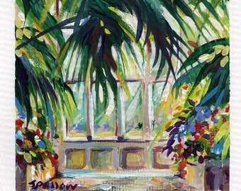 ORIGINAL GOUACHE WATERCOLOR Green house atrium palms plants flower Painting by Mary Sparrow Affordable art gift for her, interior painting