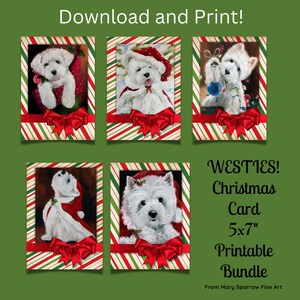 Printable Christmas card art BUNDLE Digital Download Christmas Holiday Westie art DIY Mary Sparrow Dog Lover west highland terrier painting