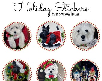 Printable Christmas Sticker Tag Westie and Scottie art BUNDLE Digital Download Holiday paintings by Mary Sparrow Print and Cut for Cricut