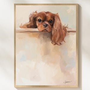 May include: A rectangular wall art print featuring an oil painting of a brown and white Cavalier King Charles Spaniel peeking over a ledge. The dog has long, wavy ears and large dark eyes. The background is a soft, neutral cream color.