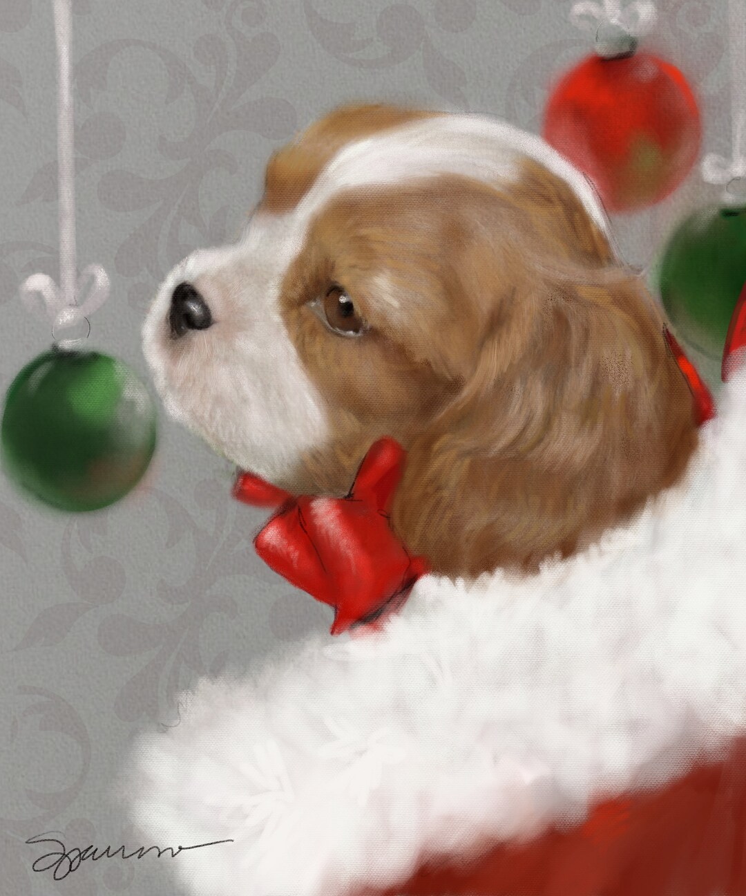 PRINT of Cavalier King Charles Spaniel Blenheim Puppy in a Stocking ...