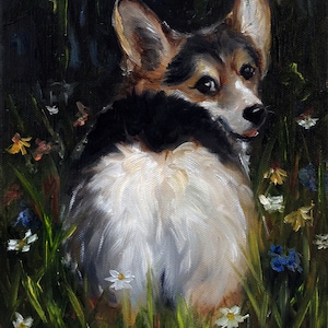 Pembroke Welsh Corgi Dog Wall Art Print of Oil Painting art funny pet portrait gift for corgi pet owner Mary Sparrow wildflowers fluffy butt